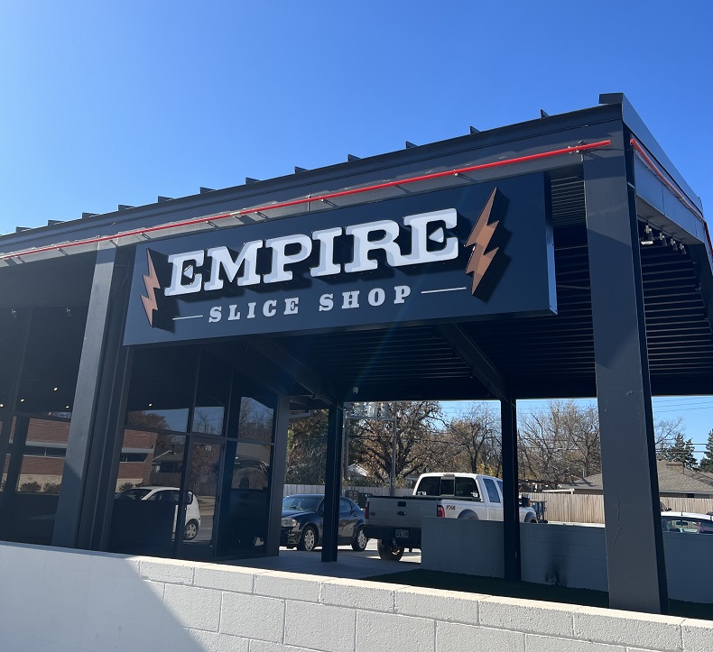the best OKC pizza is at Empire Slice Shop at Mayfair Village which has quick counter service of slices & pizza delivery.
